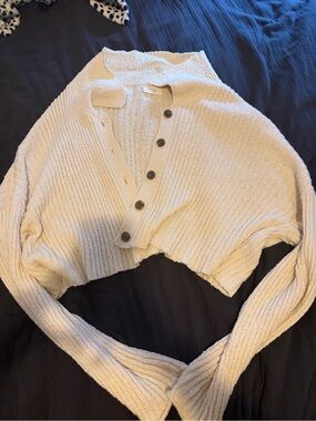 Cream Ribbed Button-Front Women's Sweater